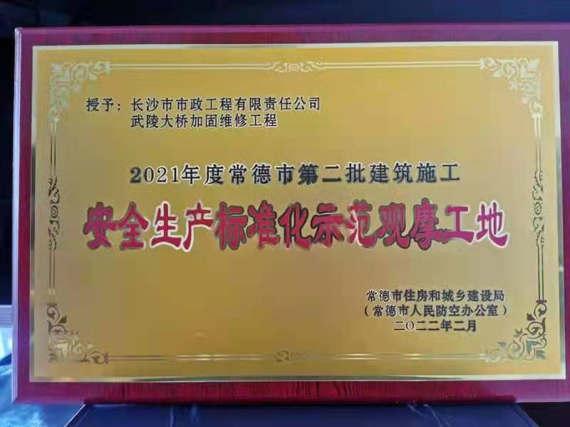 喜訊 ！常德市武陵大橋項(xiàng)目榮獲2021年度安全生產(chǎn)標(biāo)準(zhǔn)化示范觀摩工地